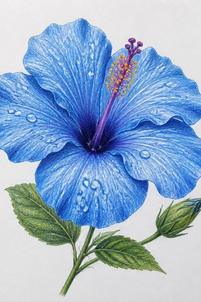 A blue hibiscus with realistic stamen and several water droplets drawn as clear teardrops over the petals. Petal folds are shaded with graphite and deep cobalt, and droplets have tiny white reflections.
