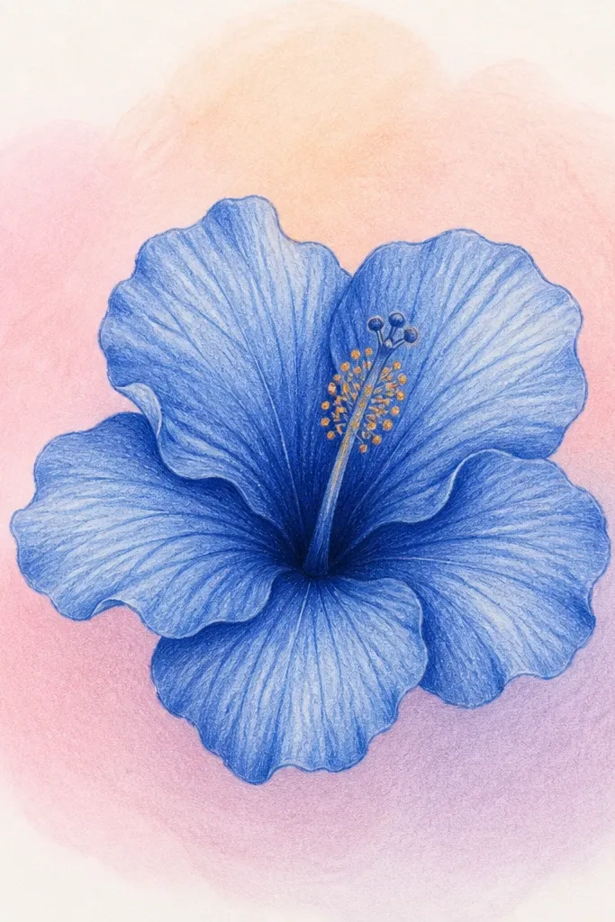 A blue hibiscus in the center with colored pencil shading. Behind it are soft pastel blobs in pale pink, light peach, and pale lavender, blended so they fade outward. The flower stays crisp and darker than the background.