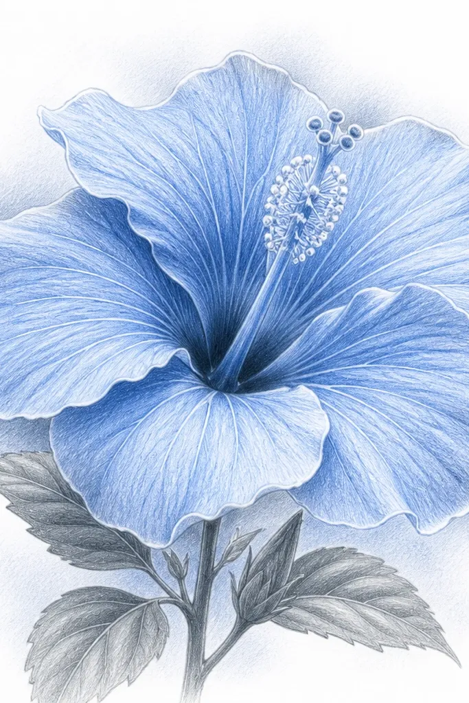 A blue hibiscus drawn with blue pencil and graphite folds. Around the petal edges and stamen lines there is a thin white ink outline. Background is white, with subtle gray-blue shading behind the bloom.