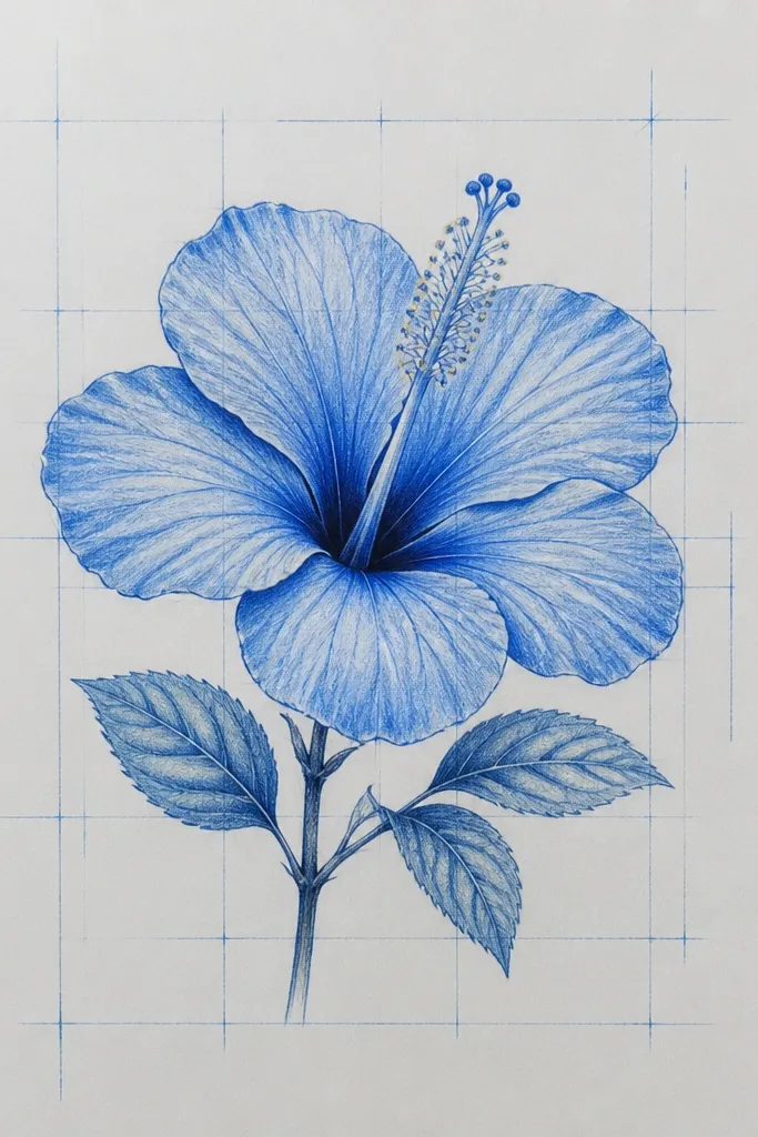 A blue hibiscus drawn in monochrome blues and grays. There are faint ruler lines and grid marks behind the flower like blueprint drafting. The hibiscus petals have deep cobalt fold shadows and a clean center.