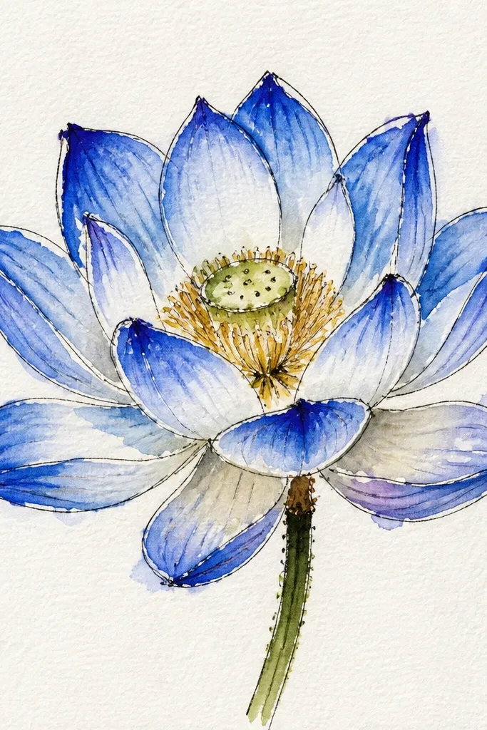 A blue lotus centered on the page with petals drawn in clean pencil lines, a cobalt-blue halo glow behind it, and a smooth light-to-dark gradient fading outward.