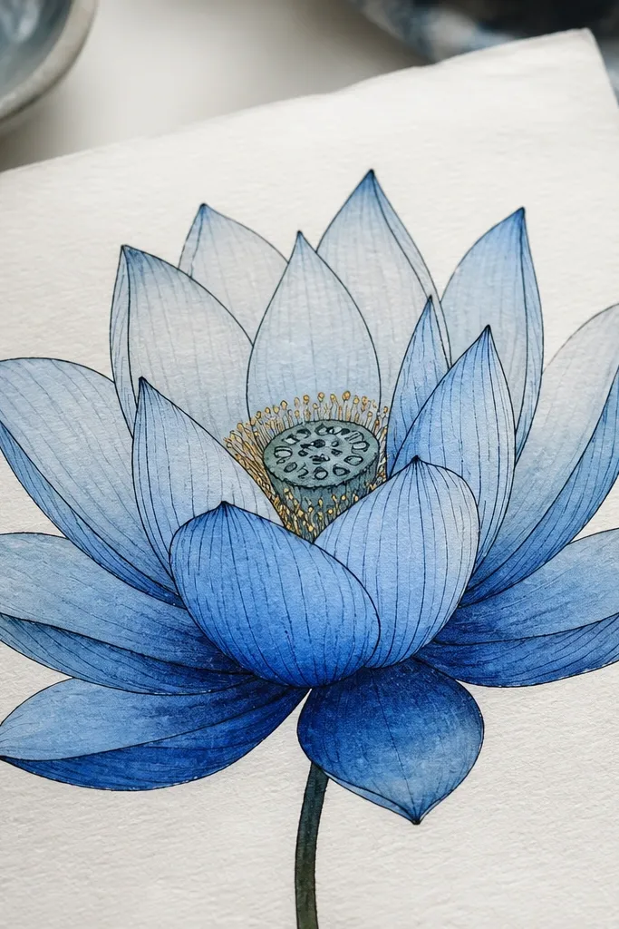 A dark ink-outlined blue lotus with visible ink lines, each petal filled with translucent watercolor wash from pale blue at the top to deeper blue at the base.