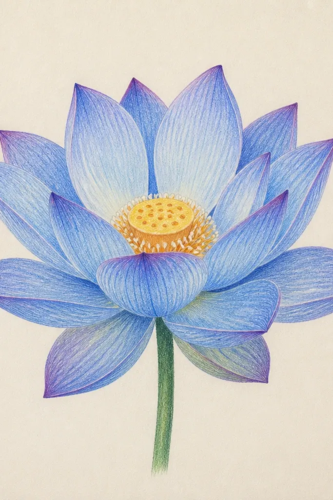A cream paper drawing of a blue lotus with visible pencil layering: light sky-blue in the highlights, medium blue midtones, and deep navy in overlapping petal seams.