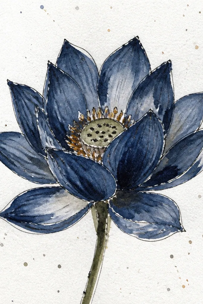 A deep navy blue lotus with lighter blue highlights, placed over a dark speckled background like stardust dots in light blue and white.