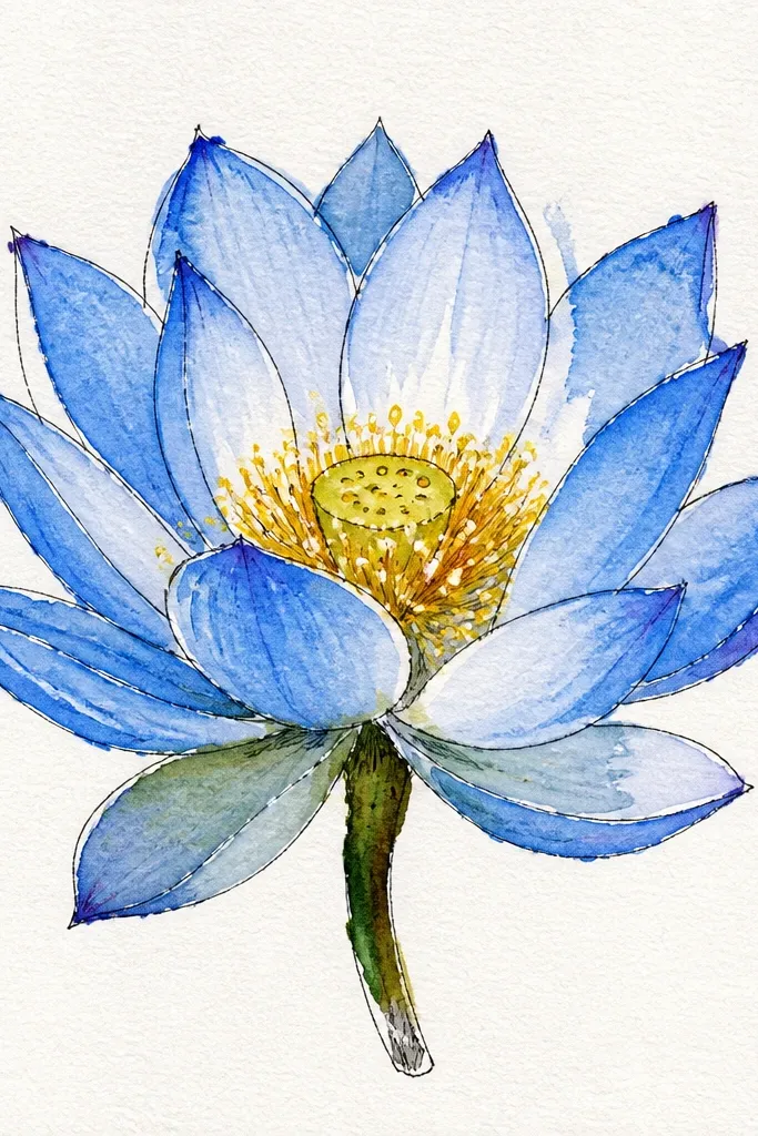 An open blue lotus with petals radiating outward, plus small floating pollen dots around the flower in varying sizes of pale blue and white.
