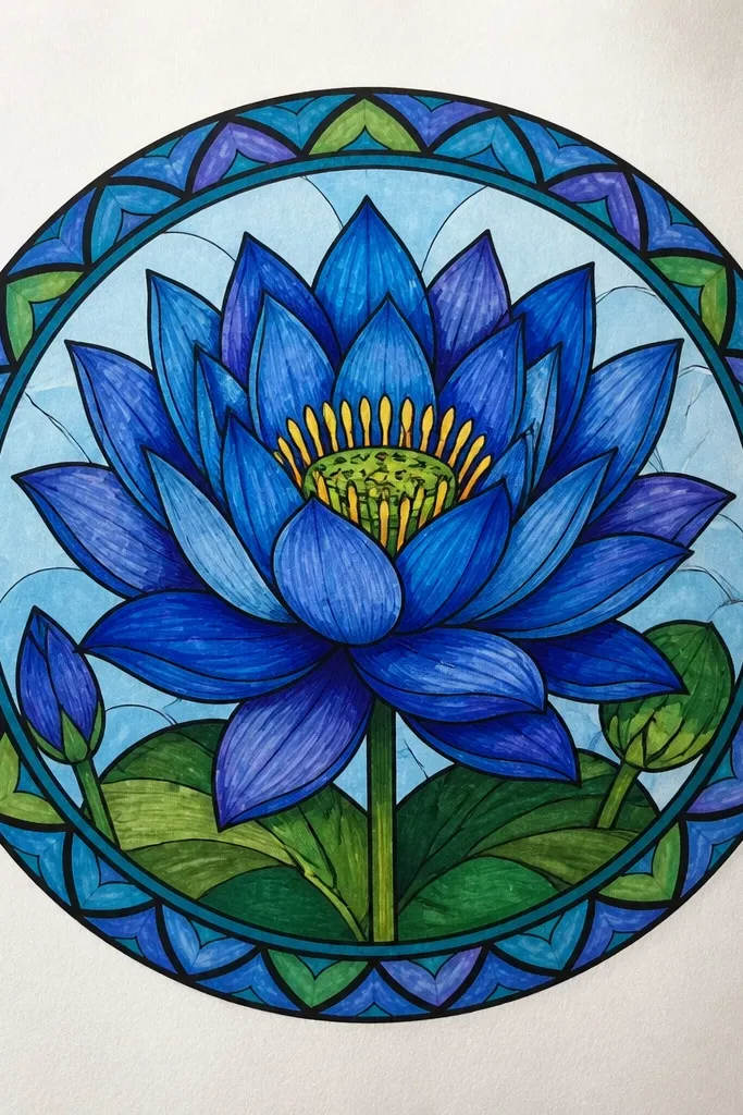 A centered blue lotus inside a circular frame with repeating small petal shapes and dots along the ring, all in blue tones.