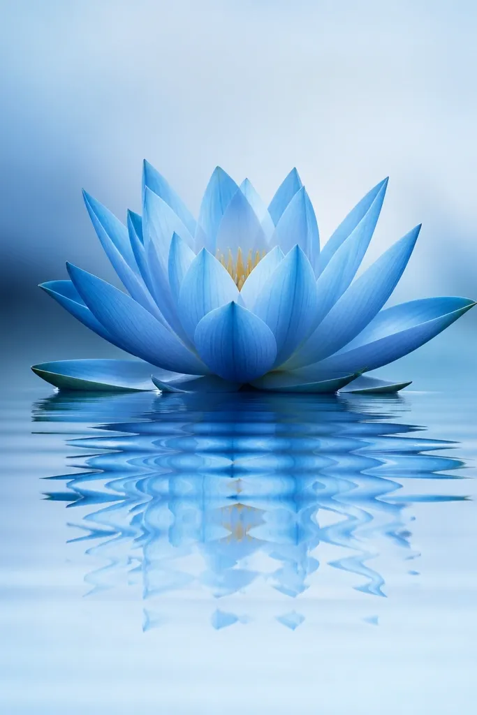 A blue lotus reflected in horizontal rippling lines across the lower half of the page, with the reflection fading into lighter blue.