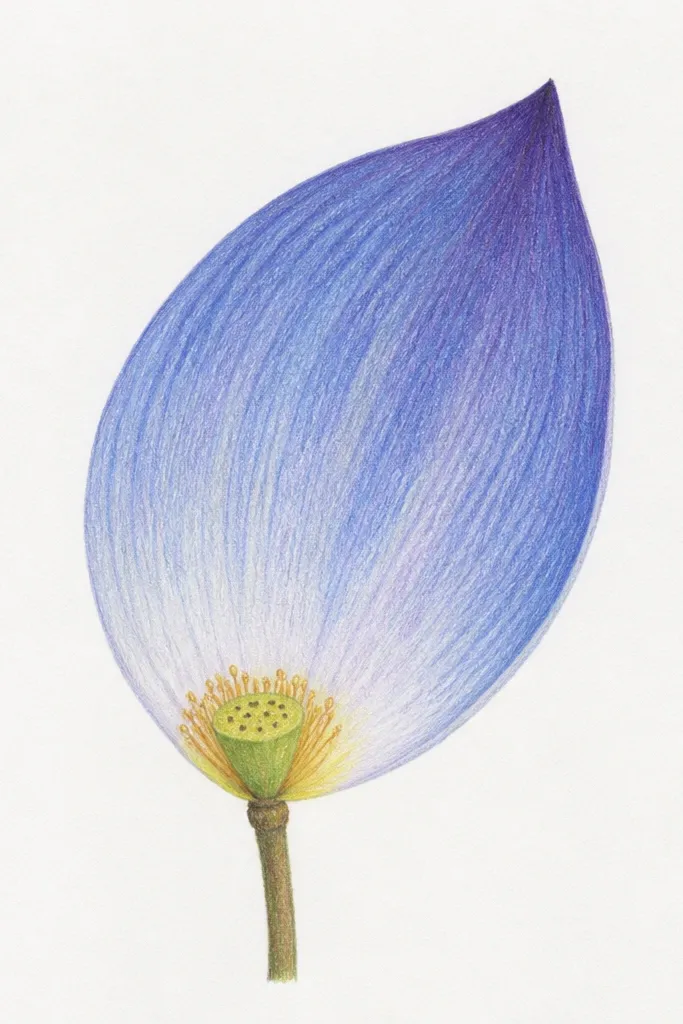 A single large blue lotus petal shape with a small seedpod and a few tiny petals, drawn with clean pencil lines and a simple blue gradient wash.