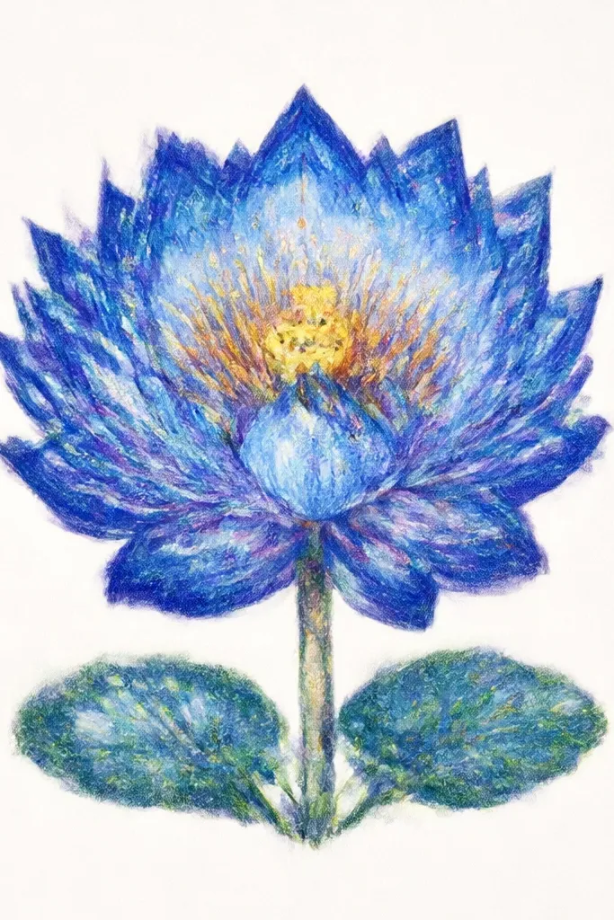 A blue lotus with cobalt and cerulean petals, plus tiny gold-like dots clustered around the seedpod and along a few petal edges.