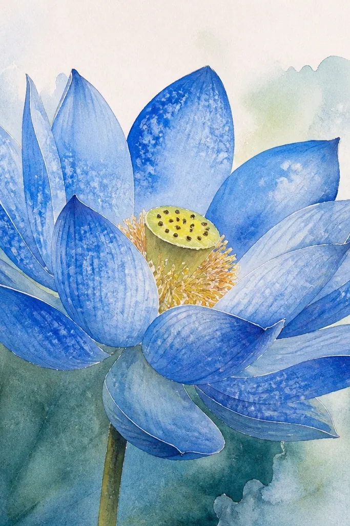 A blue lotus painted in watercolor with visible crystalline salt texture on the shaded areas, creating speckled sparkle within the petals.