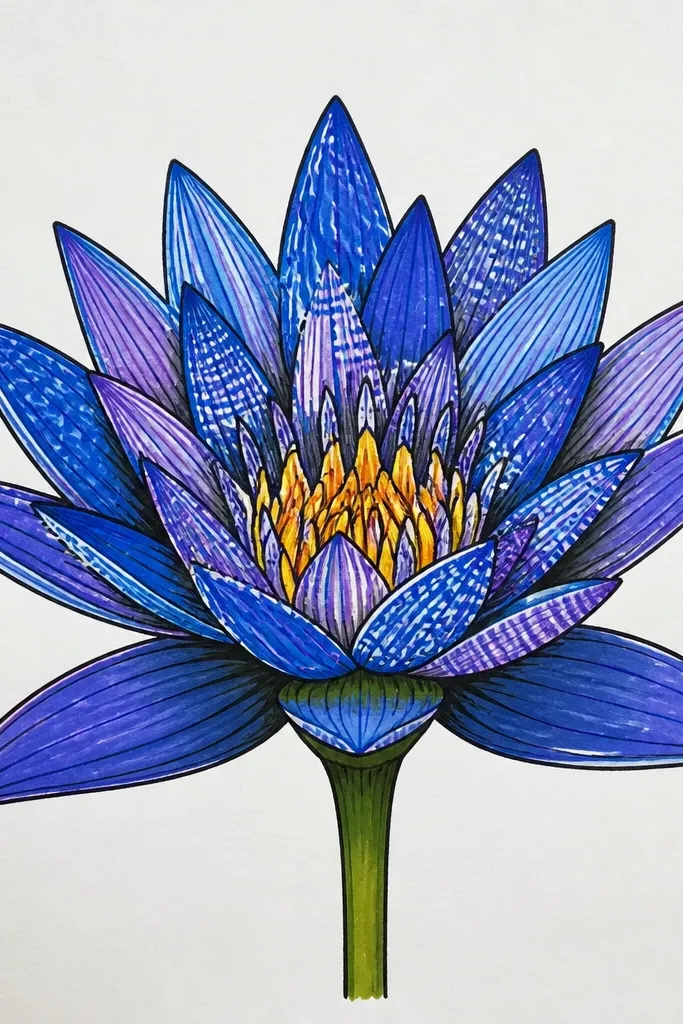 A blue lotus where each petal has subtle vertical or curved stripe patterns in alternating light and dark blue.