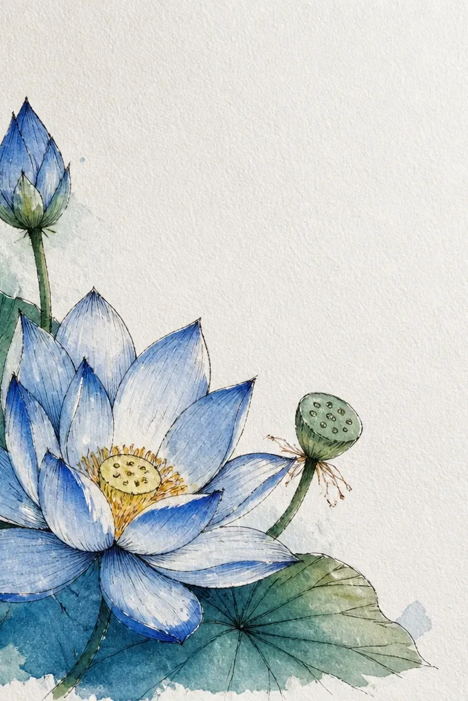 A small blue lotus drawn in the top-right corner of a page, with a few petals extending inward and a faint wash behind it.