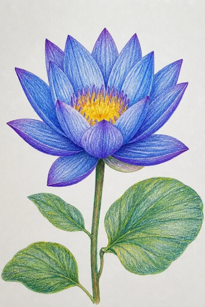 A blue lotus with a single stem and two leaves, drawn in cobalt and cerulean with gentle shadows, on a light background.