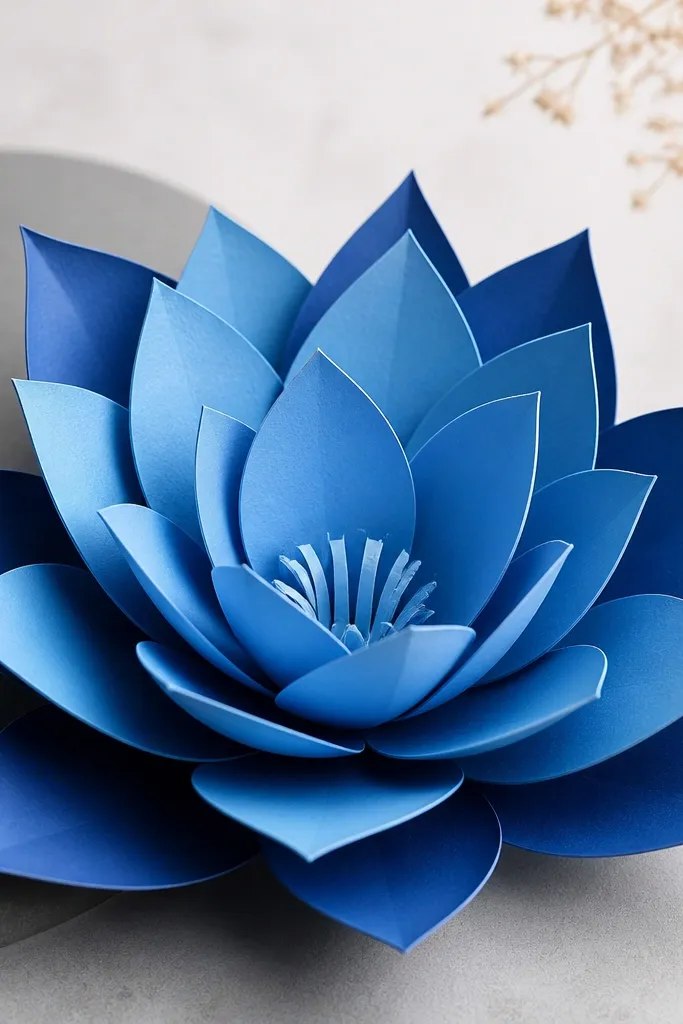 A blue lotus drawn with layered paper-like shapes, where petals look like cutouts with crisp borders and shadow gaps between layers.
