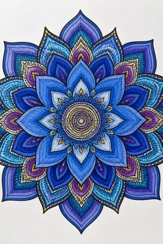 A blue lotus surrounded by concentric rings of dots and small curved marks, all in gradating blues from pale to deep navy.