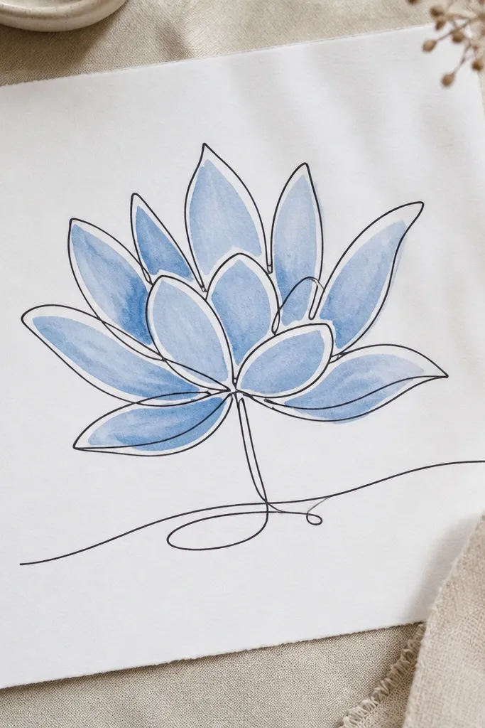 A lotus drawn with one continuous black line, filled with a loose blue marker wash that stays inside petal shapes.