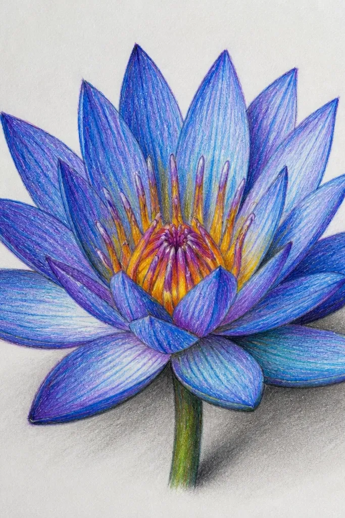 A blue lotus colored in light and medium blues, with soft charcoal shadows beneath overlapping petals and a faint ground shadow under the flower.
