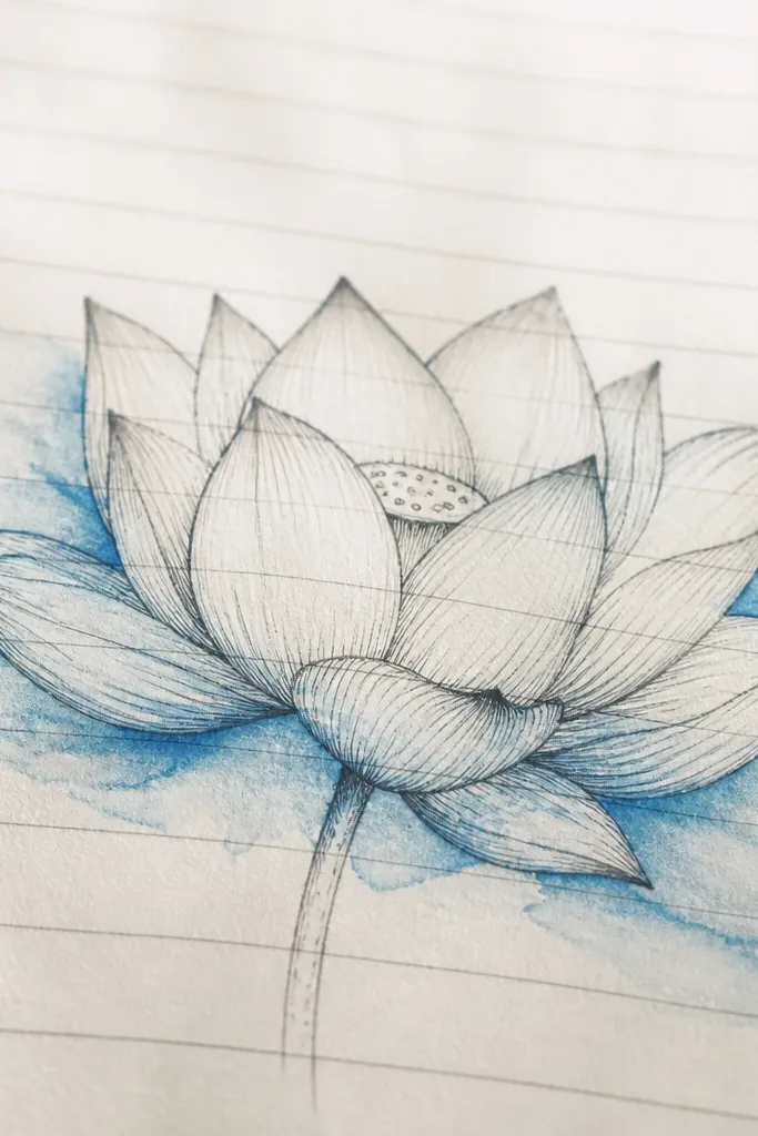 A lotus drawn over faint notebook lines, where blue watercolor blooms slightly and spreads along the lines behind the petals.
