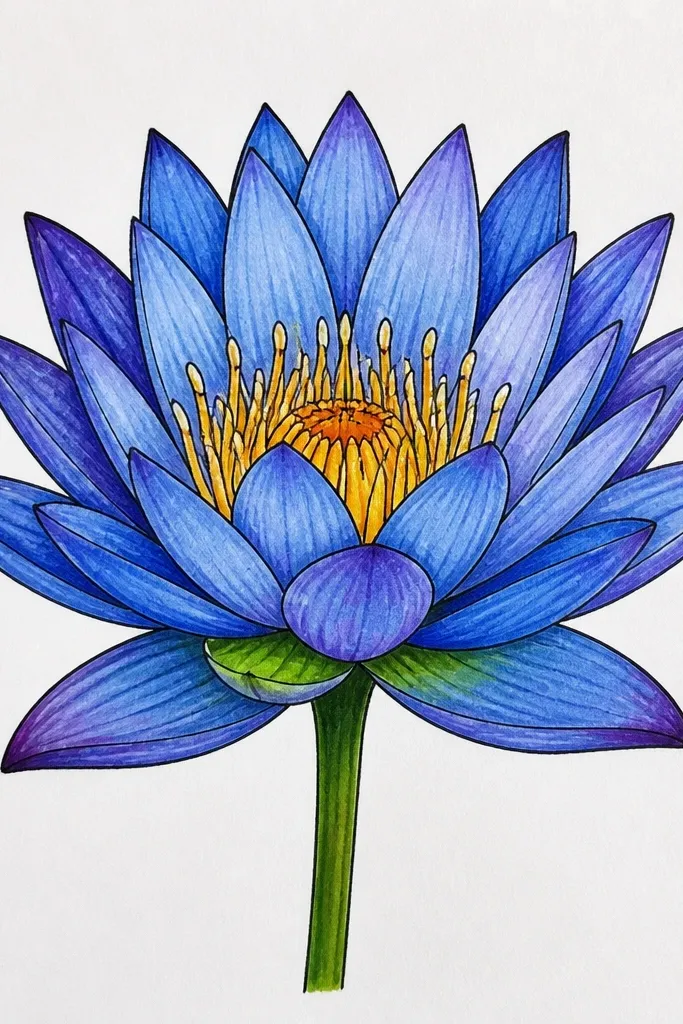 A blue lotus where each petal edge looks crisp and slightly offset like a stencil, with sharp color blocks in pale and dark blues.