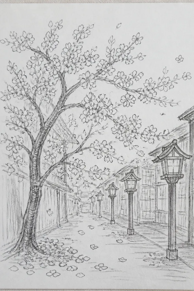 A vertical page shows a dark alley with two warm lantern circles glowing at knee height. Cherry blossoms float across the path, some petals are semi-transparent near the glow, and the ground has a soft gray-purple reflection.