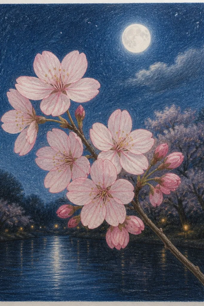 A horizontal drawing shows a dark pond with a faint horizon glow. Cherry blossoms hang like a branch silhouette above the water, and their reflections ripple as thin curved lines.