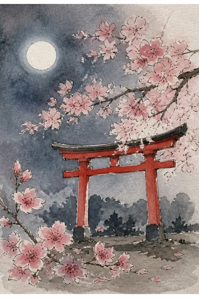 A torii gate is centered, drawn in dark lines with a warm halo behind it. Pink blossoms cluster on both sides, and a soft cloud of petals swirls in front of the gate.