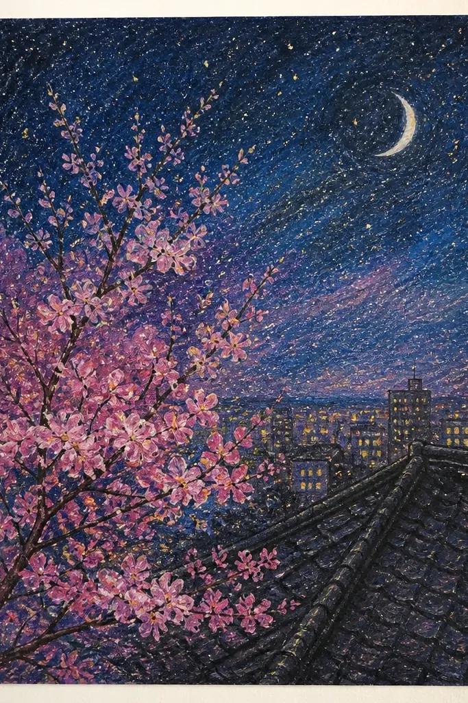 A rooftop silhouette sits along the bottom of the page, with a starlit sky above. Cherry blossoms float in the foreground, and tiny white star dots scatter across the dark blue background.