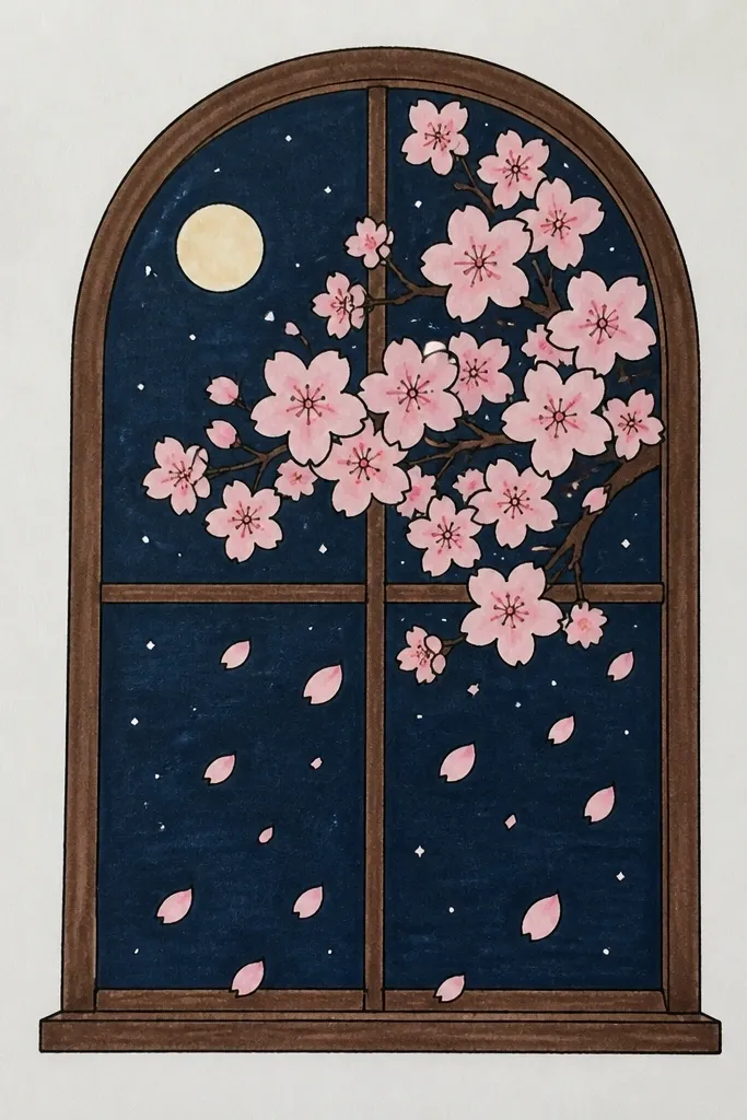 A window frame is drawn with thick dark lines, and inside the frame a night sky glows. Petals fall across the glass, with reflections and a few streaks of light.