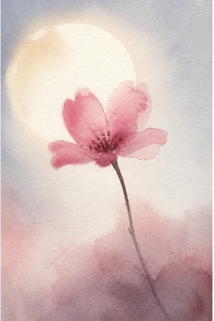 A big pale moon sits near the top left with a soft halo. Cherry blossom branches arc across the page, and blossoms are drawn as small clusters with highlights.
