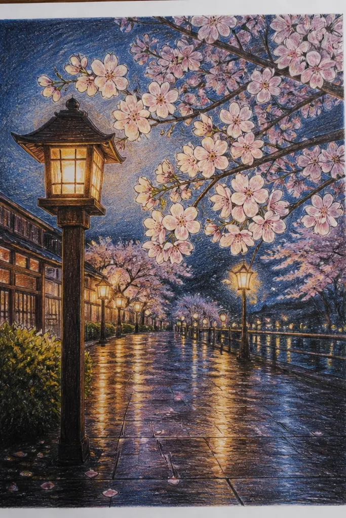 A wet sidewalk fills the bottom half, with long reflections from a single lantern circle. Cherry blossom petals float near the ground, and faint tire-like street texture is suggested with lines.