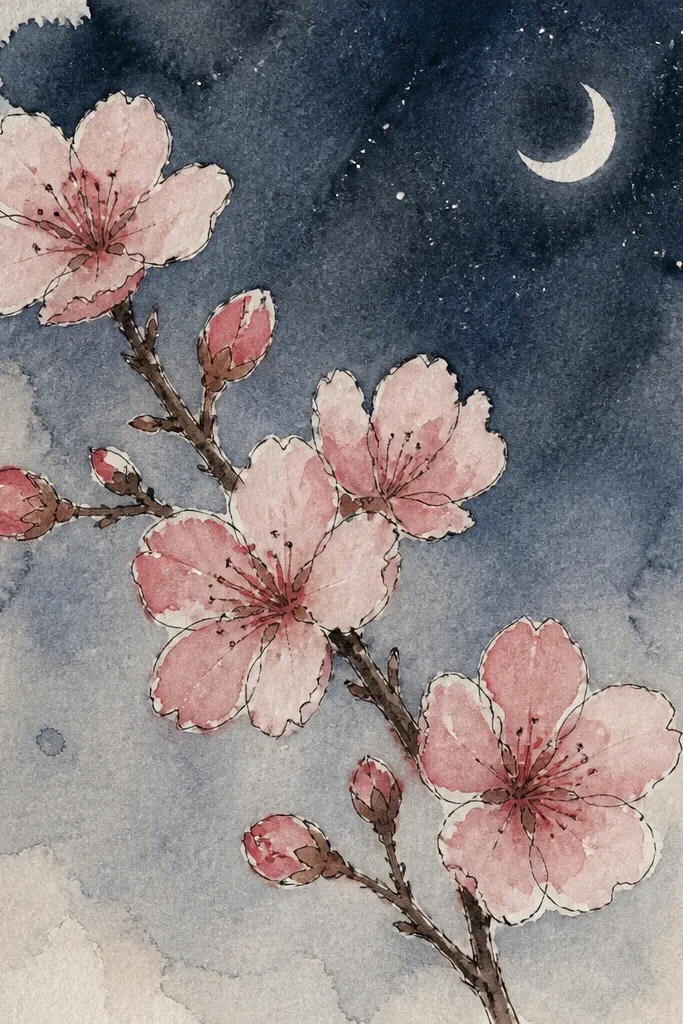 A strong branch silhouette crosses the page, with blossoms popping as pale pink clusters. The background is a smooth gradient from deep navy at the edges to a lighter blue near the center.