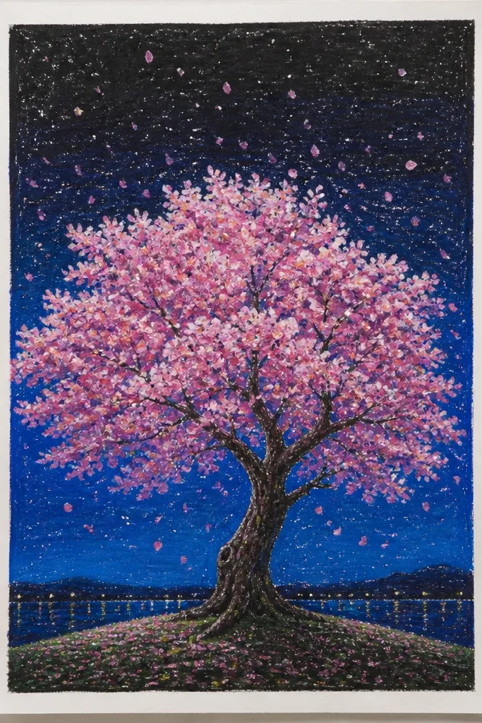 A near-black background fades to blue at the edges. Pink petals look like confetti, scattered in layers, with white highlights on the top layer only.