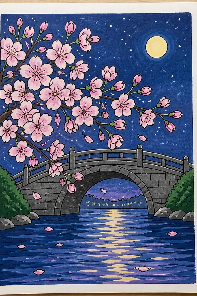 A bridge spans the middle of the page with dark supports. Under it, a warm glow reflects on water, and cherry blossoms float near the underside of the bridge.