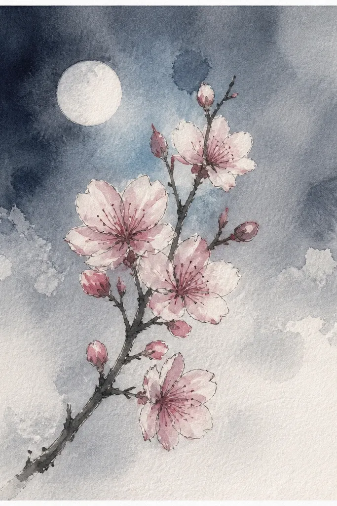 A foggy night sky fills the page with soft watercolor-like spreads. Blossoms float in the middle, with edges that look slightly blurred, and a pale glow behind them.