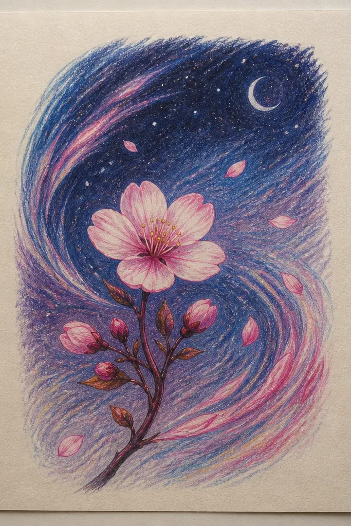 A diagonal wind swoosh crosses the page with a gradient trail. Petals streak along the swoosh, and a small blossom cluster sits at the top edge.