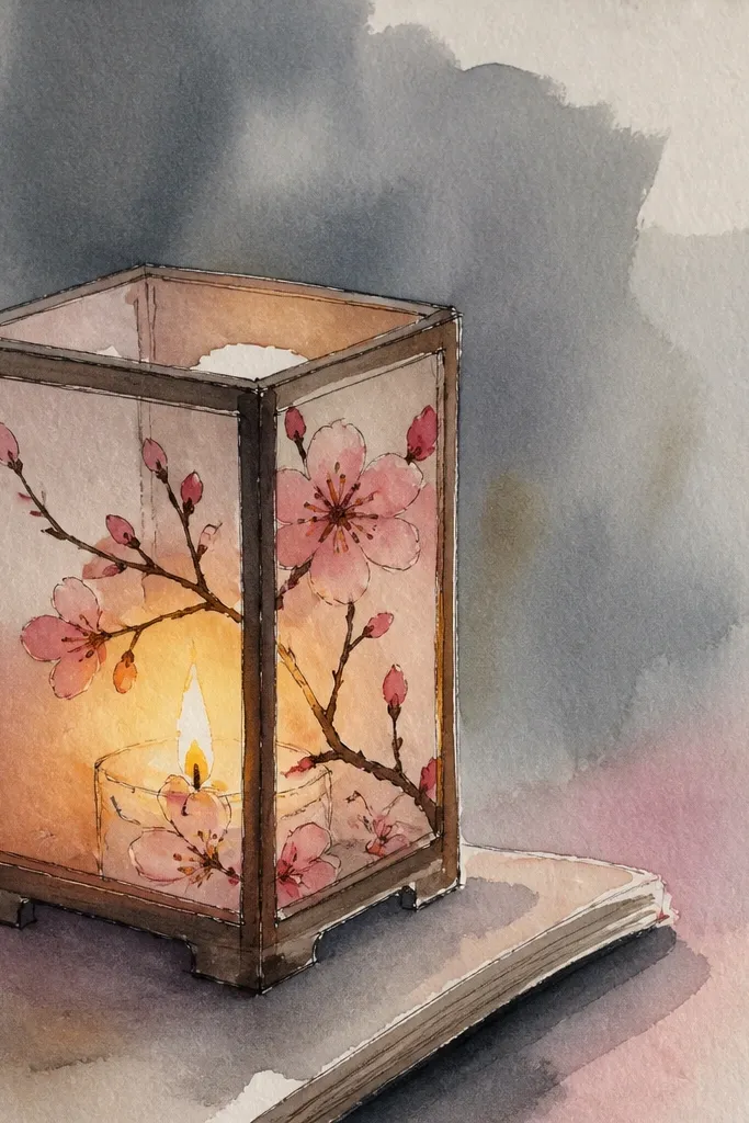 A small lantern sits near the bottom edge, glowing upward. Blossoms float upward like they're being lifted by warm air, and the sky above is deep blue.