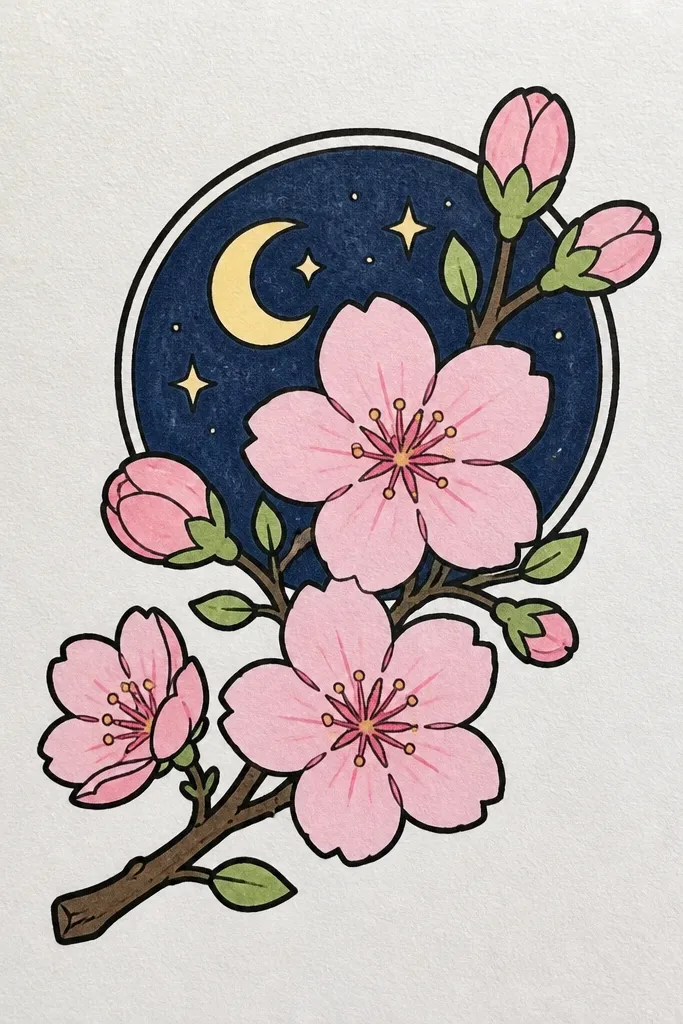 Multiple cherry blossom clusters float on a dark blue background. Each cluster has a clean light outline, with soft pink fill and tiny white highlights like sticker gloss.