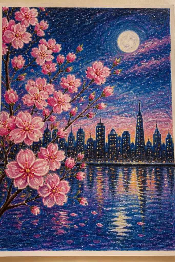 A city skyline silhouette sits in dark tones across the bottom. Above it, cherry blossom branches extend into the sky, and the background shows a soft gradient with a faint moon glow.