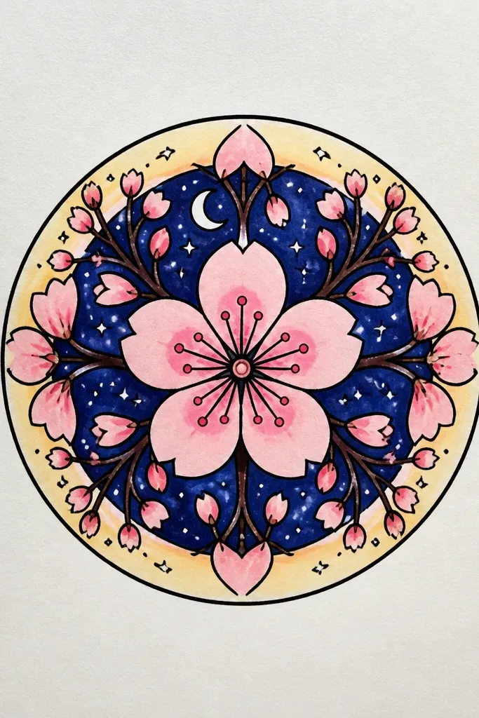 A circular glow sits center-page with a dark blue background. Around it, cherry blossom petals repeat symmetrically like a mandala, with white highlights on the outer ring.