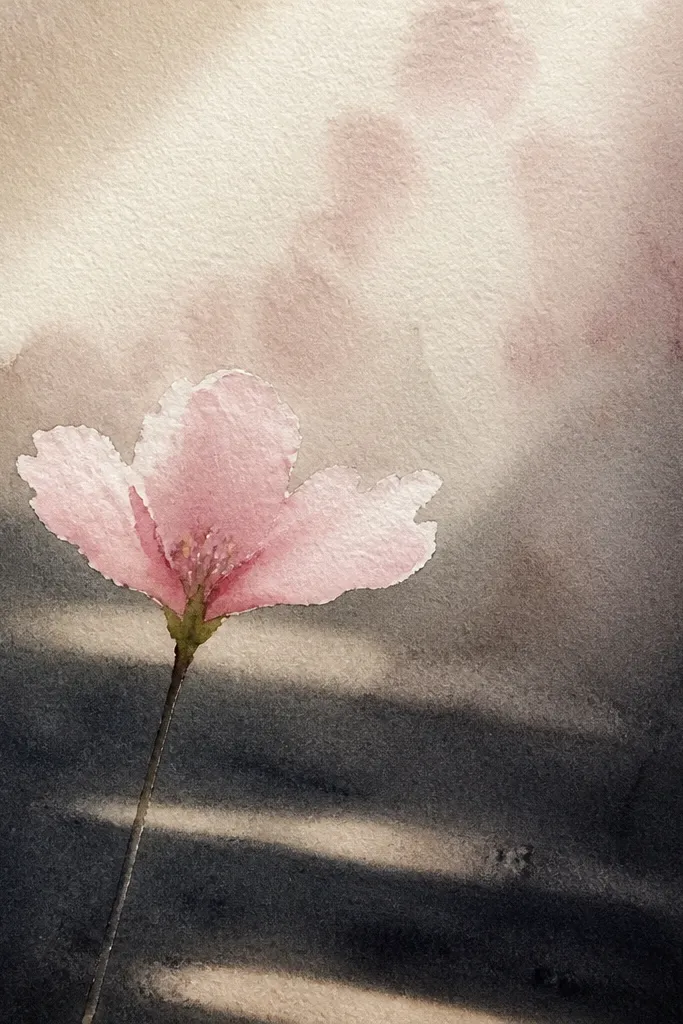 A set of three or four steps recedes into the background. Soft light bands fade across the steps, and blossoms float above and between them.