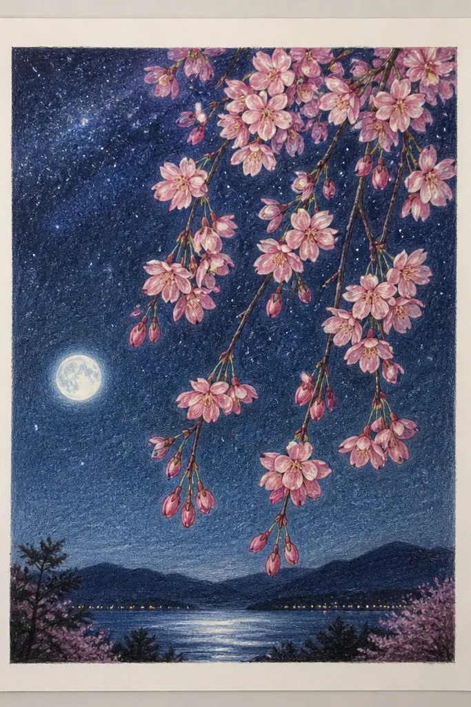 Hanging cherry blossom branches drape from the top. A starry sky fills the page with dense tiny white dots, and blossoms glow softly with pale pink clusters.