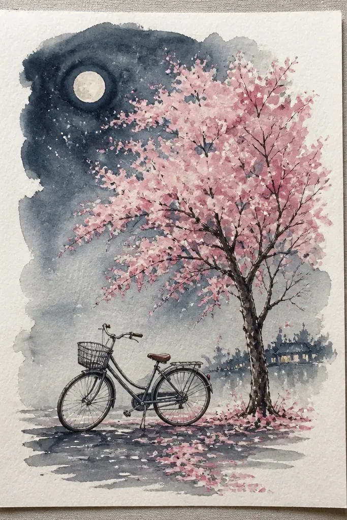 A simple bicycle silhouette rides through a dark night scene. A trail of floating petals curves behind the wheels, and a small headlight glow highlights the nearest petals.