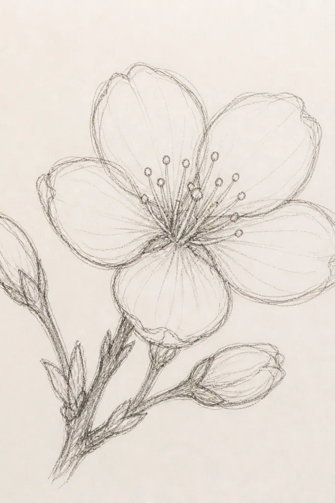 A sketchbook page with a thin branch curving left to right. Small cherry blossoms are drawn as five overlapping petals with very light shading behind each cluster. The paper looks warm white, and the branch line is gray rather than black.
