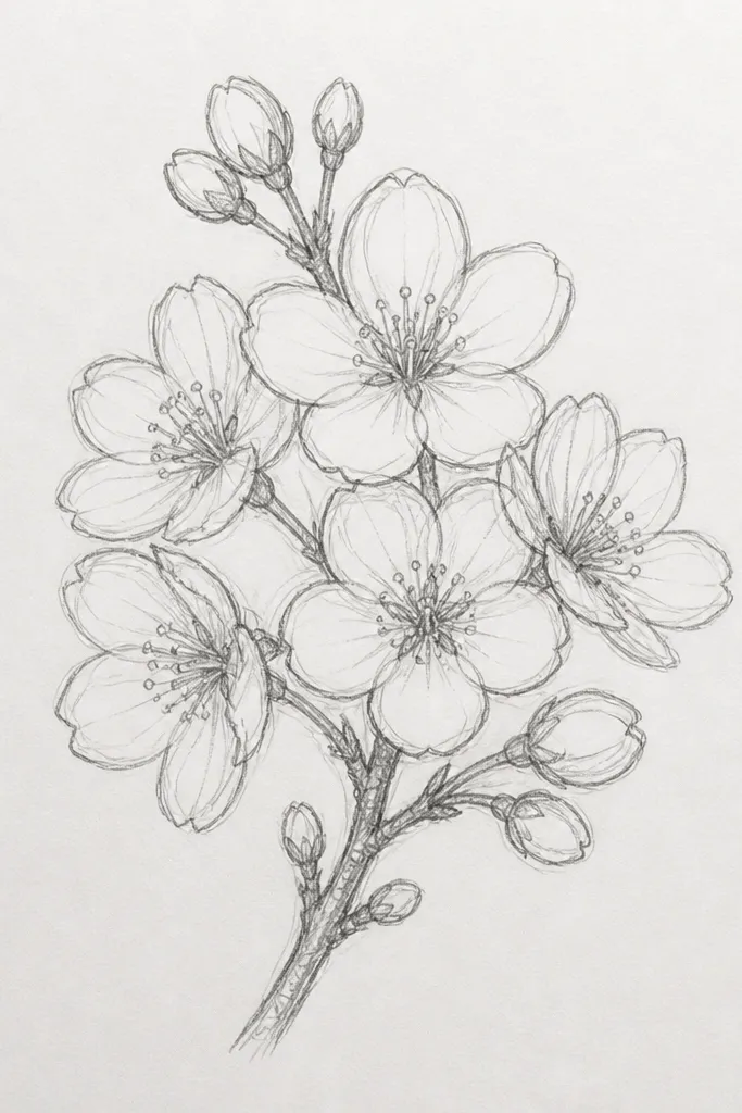 A page showing a denser cherry blossom cluster on one side. Petals are still five-lobed, but the shading fades from darker at the center outward, creating a cloudy pink effect. The branch line is faint and the cluster has a gentle halo.