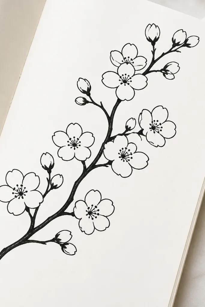 A bright white page with a strong black branch drawn in a single, confident line. Blossoms are outlined in crisp marker with five rounded petals and tiny dot centers. The petals have minimal internal shading, mostly left blank.