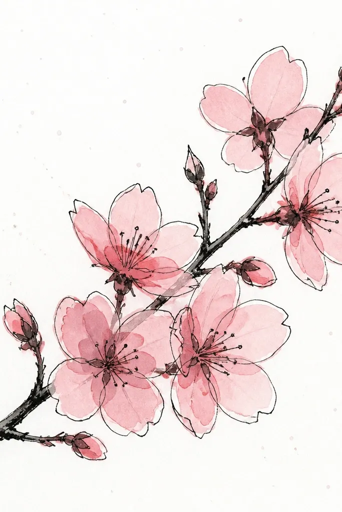 A page where the branch and petals are outlined in black marker. The petals are filled with a light pink translucent wash, and the overlapping areas look slightly darker. Background stays mostly white with a few faint speckles.