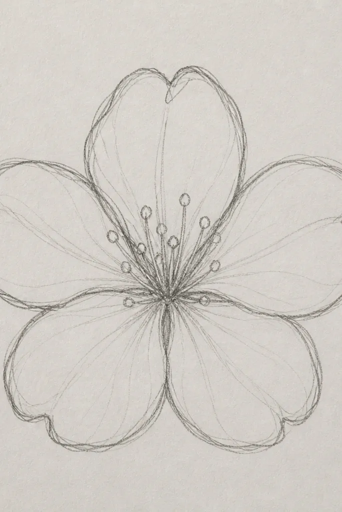 A page with crisp black marker outlines. Inside each blossom, there are soft pink and light purple colored pencil shadows concentrated near the bases of petals. The center areas are lighter, and the branch looks sharp and dark.