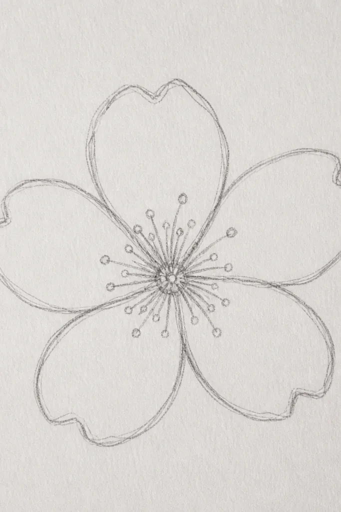 A close view of blossoms where each center has a small dot and a couple tiny lines radiating outward. Petals are light pencil and the centers are slightly darker, giving the flowers a delicate, realistic feel.