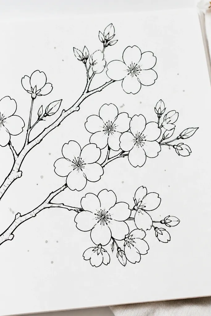 A page where the branch and blossoms are outlined in marker, and the background is left mostly white. There are a few faint gray dots around the blossoms, but the petals stay crisp and unfilled.