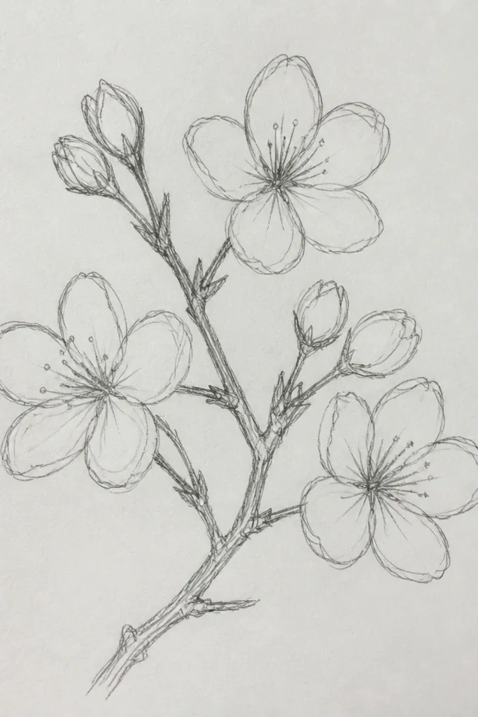 A page where the branch is drawn first with light pencil, then blossoms are placed along it in a staggered pattern. Some blossoms are slightly smaller and lighter, suggesting depth.